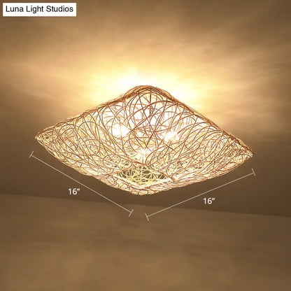 DecorBites™ DecorBites™ 3-Light Square Ceiling Flush Mount Light in Rattan Wood Flush Light for Bedroom