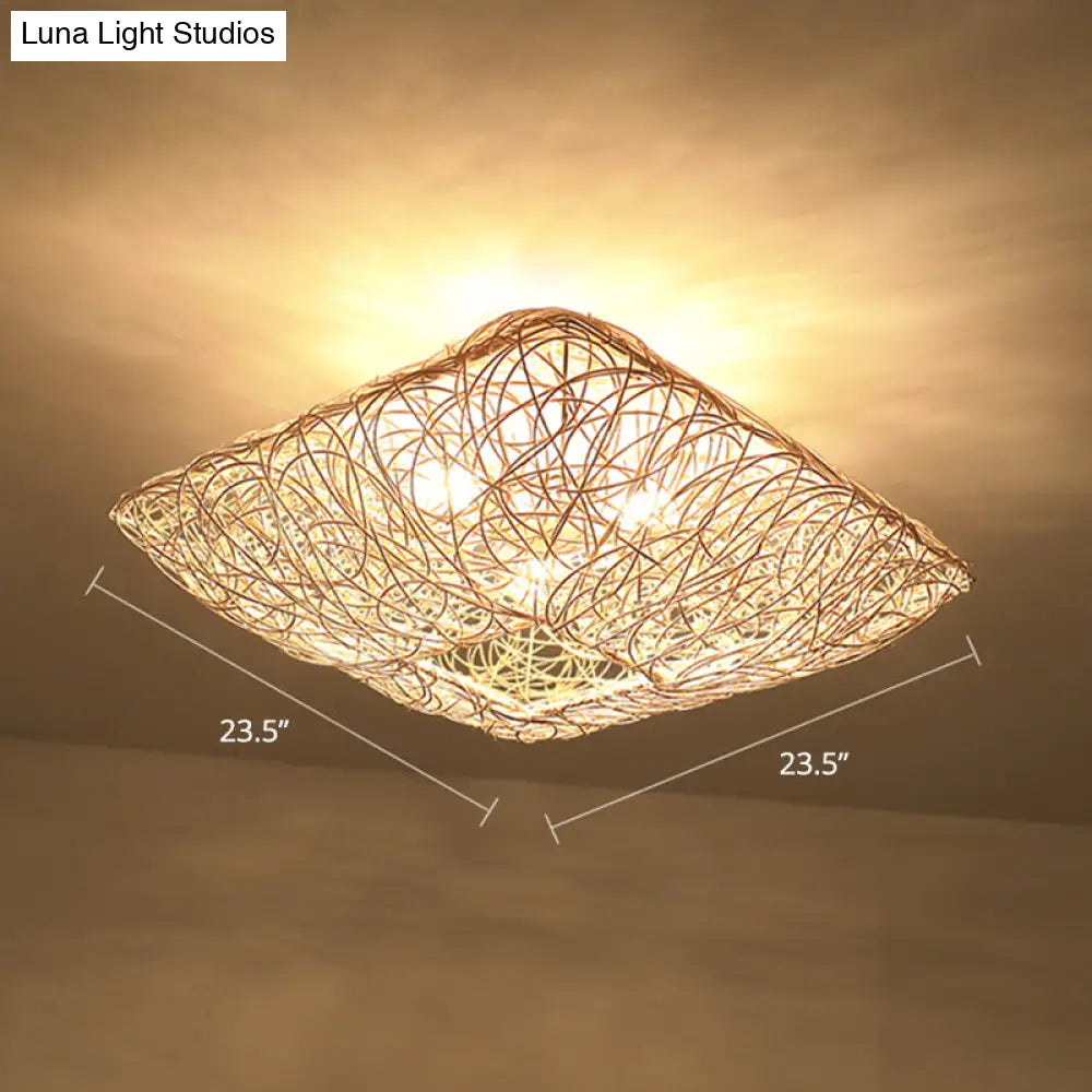 DecorBites™ DecorBites™ 3-Light Square Ceiling Flush Mount Light in Rattan Wood Flush Light for Bedroom