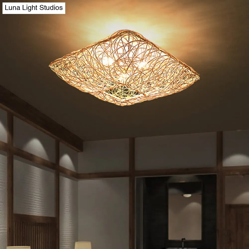 DecorBites™ DecorBites™ 3-Light Square Ceiling Flush Mount Light in Rattan Wood Flush Light for Bedroom