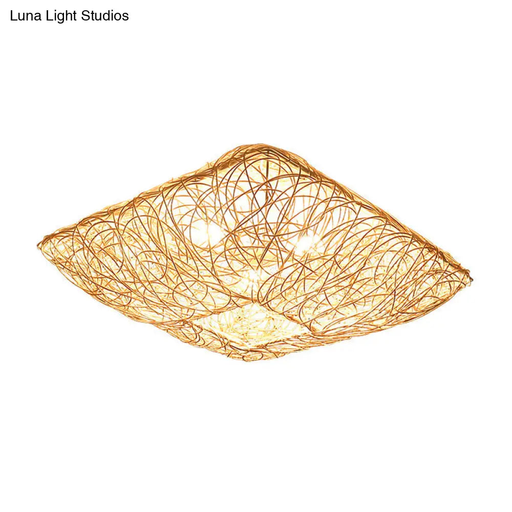 DecorBites™ DecorBites™ 3-Light Square Ceiling Flush Mount Light in Rattan Wood Flush Light for Bedroom