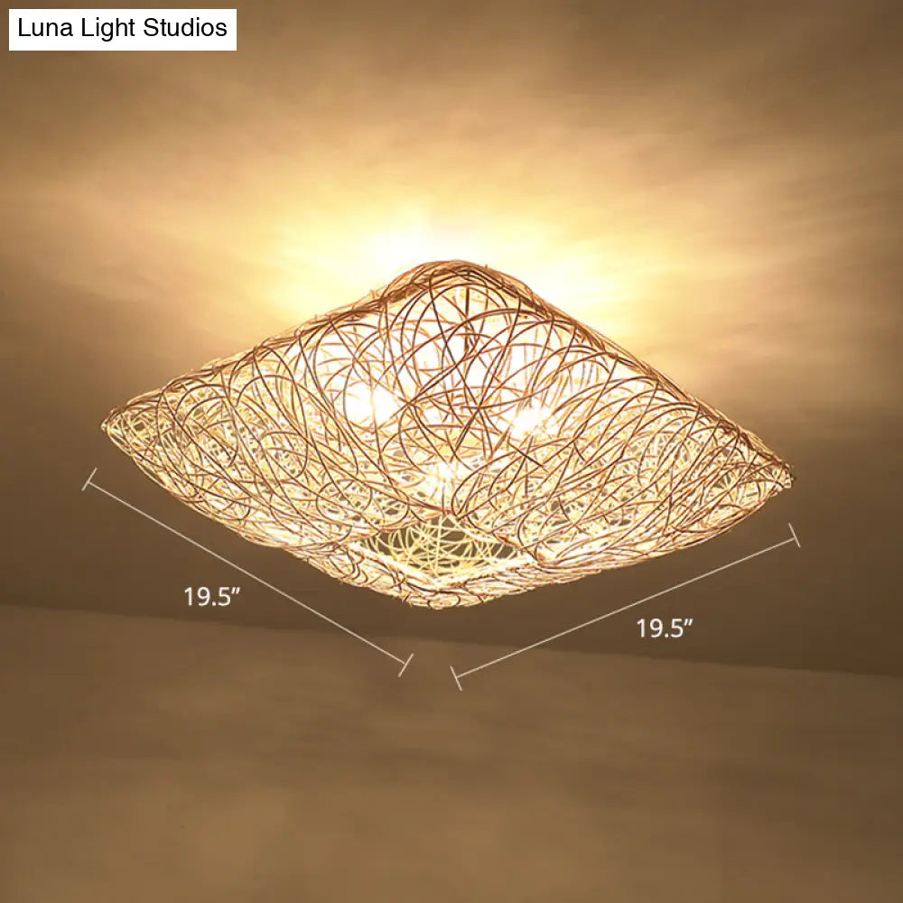DecorBites™ DecorBites™ 3-Light Square Ceiling Flush Mount Light in Rattan Wood Flush Light for Bedroom