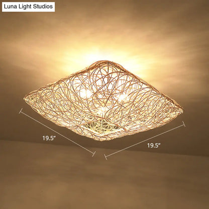 DecorBites™ DecorBites™ 3-Light Square Ceiling Flush Mount Light in Rattan Wood Flush Light for Bedroom