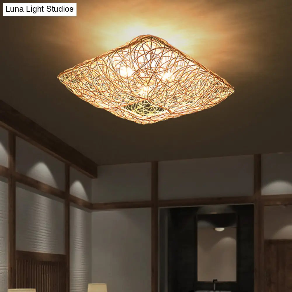 DecorBites™ DecorBites™ 3-Light Square Ceiling Flush Mount Light in Rattan Wood Flush Light for Bedroom