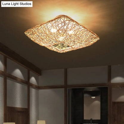 DecorBites™ DecorBites™ 3-Light Square Ceiling Flush Mount Light in Rattan Wood Flush Light for Bedroom