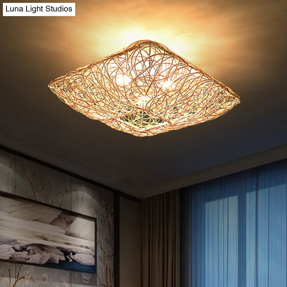 DecorBites™ DecorBites™ 3-Light Square Ceiling Flush Mount Light in Rattan Wood Flush Light for Bedroom