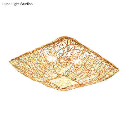 DecorBites™ DecorBites™ 3-Light Square Ceiling Flush Mount Light in Rattan Wood Flush Light for Bedroom