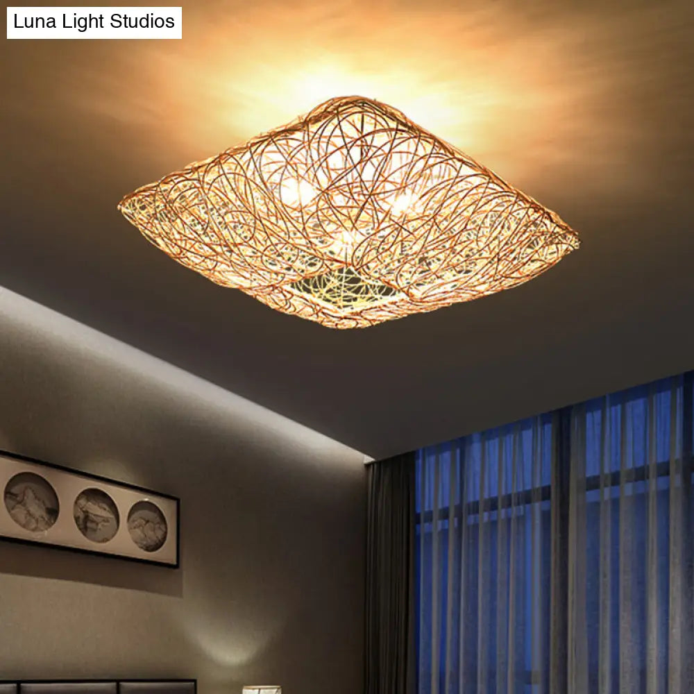 DecorBites™ DecorBites™ 3-Light Square Ceiling Flush Mount Light in Rattan Wood Flush Light for Bedroom