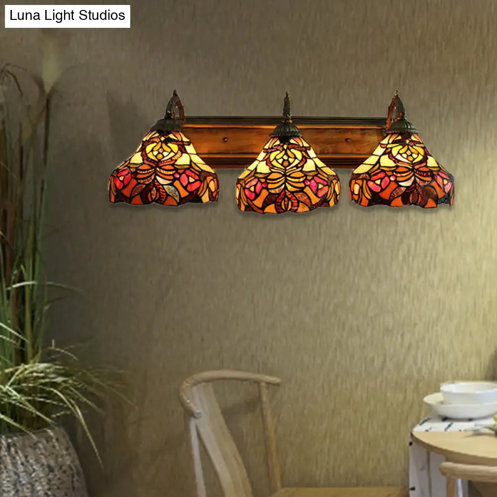 Apliques de pared de cristal tintado con forma de flor y tres luces - Lámpara de pared rústica Tiffany de latón, ideal para hoteles