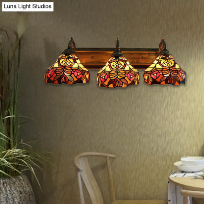 Apliques de pared de cristal tintado con forma de flor y tres luces - Lámpara de pared rústica Tiffany de latón, ideal para hoteles