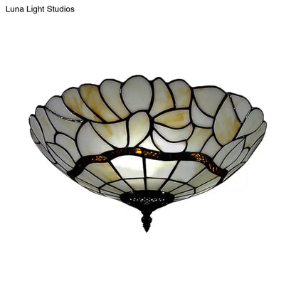 3-Light White/Beige Tiffany Style Glass Bowl Flush Ceiling Light for Living Room