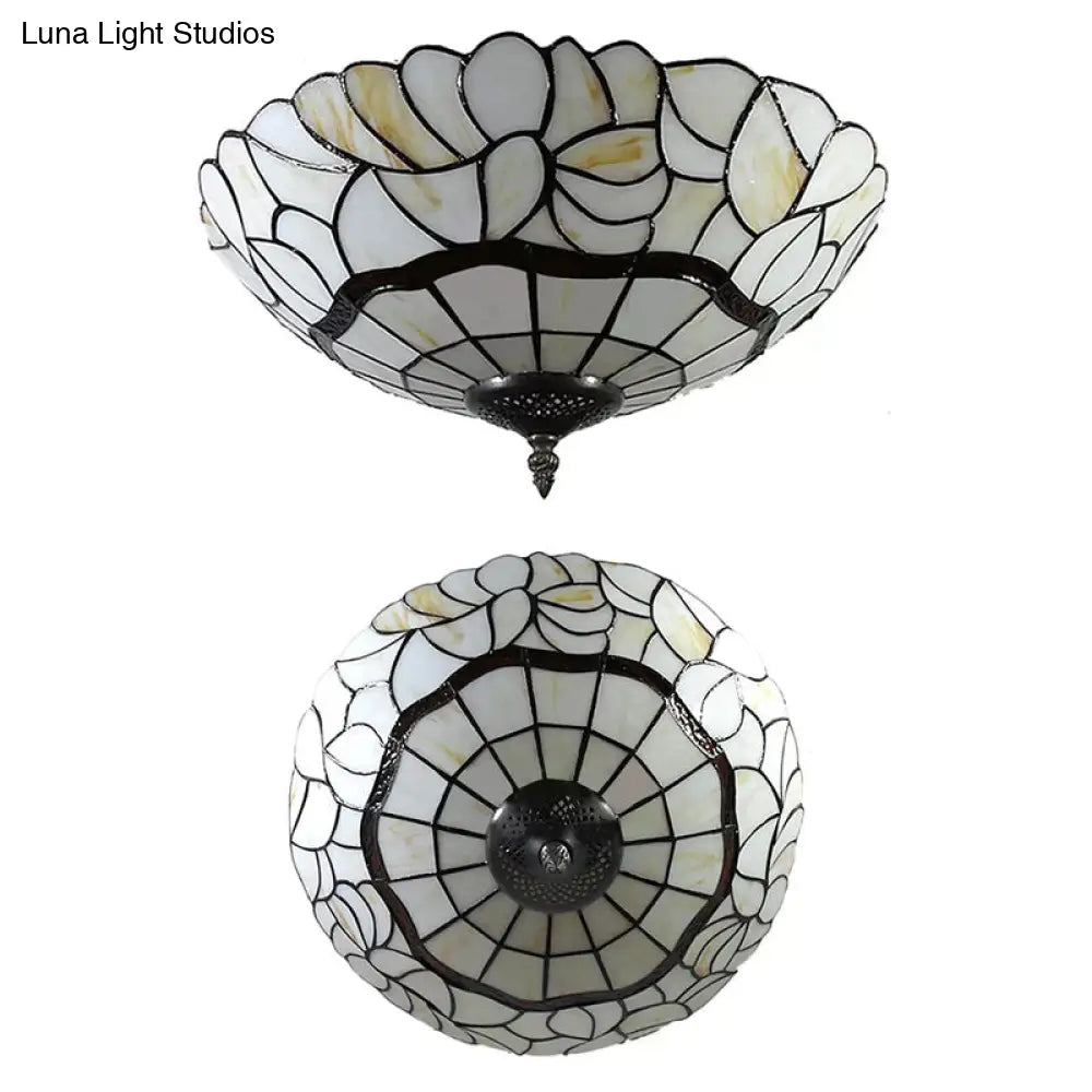 3-Light White/Beige Tiffany Style Glass Bowl Flush Ceiling Light for Living Room