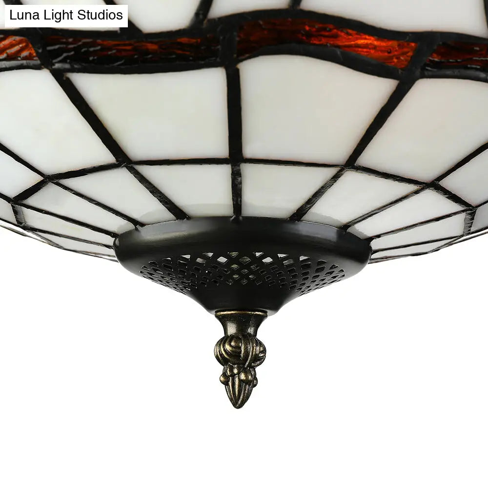 3-Light White/Beige Tiffany Style Glass Bowl Flush Ceiling Light for Living Room