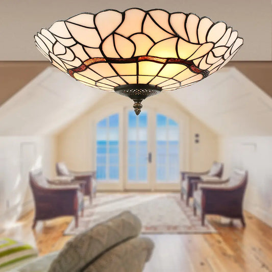 3-Light White/Beige Tiffany Style Glass Bowl Flush Ceiling Light for Living Room