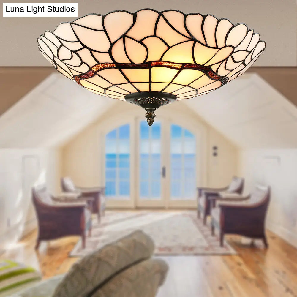 3-Light White/Beige Tiffany Style Glass Bowl Flush Ceiling Light for Living Room