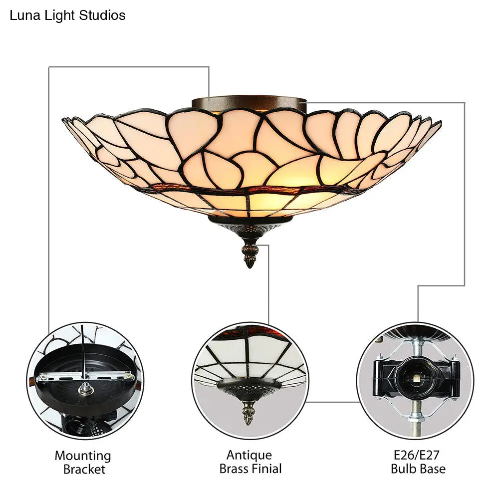 3-Light White/Beige Tiffany Style Glass Bowl Flush Ceiling Light for Living Room