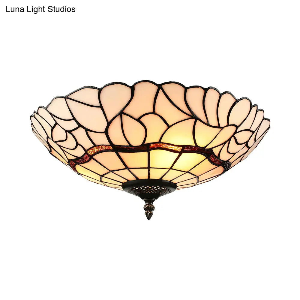 3-Light White/Beige Tiffany Style Glass Bowl Flush Ceiling Light for Living Room