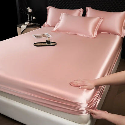 Pink satin high end 100 percent mulberry silk fitted sheet set with matching pillowcases solid color luxury