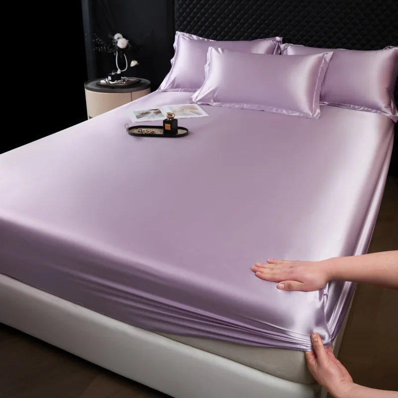 Lavender 3 pcs high end 100% mulberry silk fitted sheet set with pillowcase featuring soft smooth satin luxury bedding