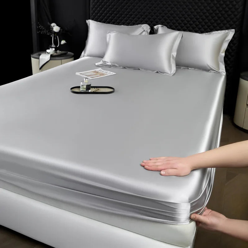 Silver satin fitted sheet from 3 pcs high end 100% mulberry silk sheet set with smooth glossy finish and neat edges