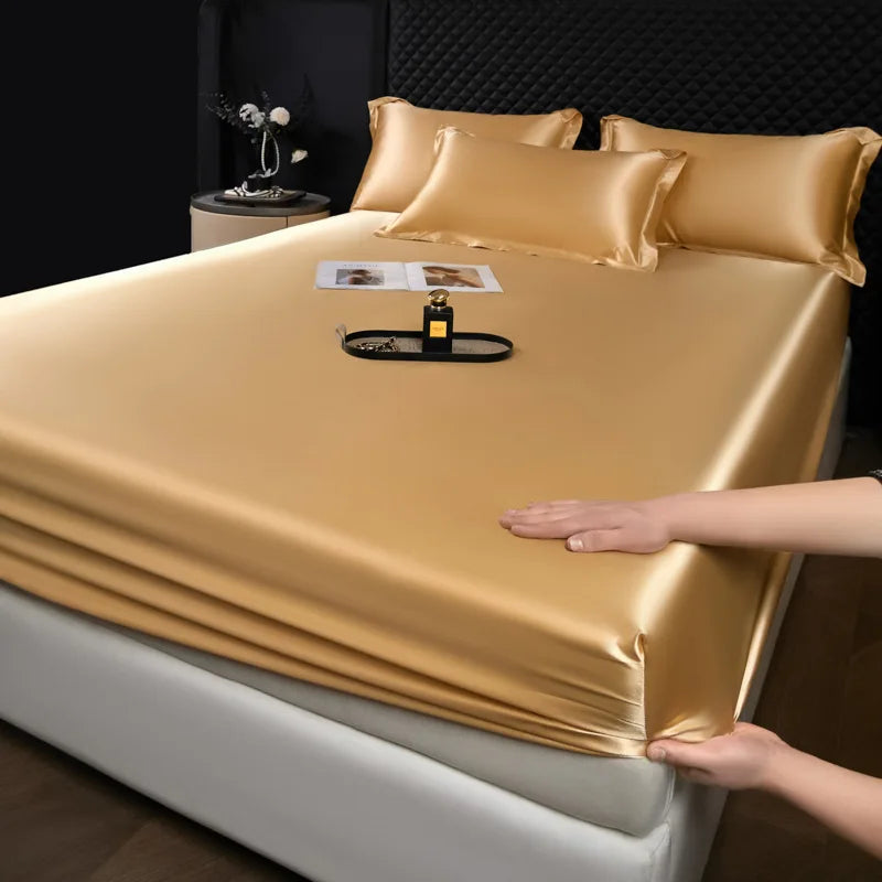 Golden satin fitted sheet from 3 pcs high end 100 percent mulberry silk sheet set with smooth glossy finish