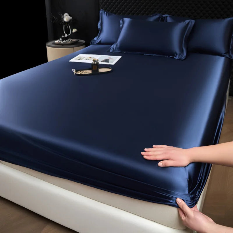 Deep navy 3 pcs mulberry silk sheet set with fitted sheet and pillowcases featuring smooth glossy satin finish