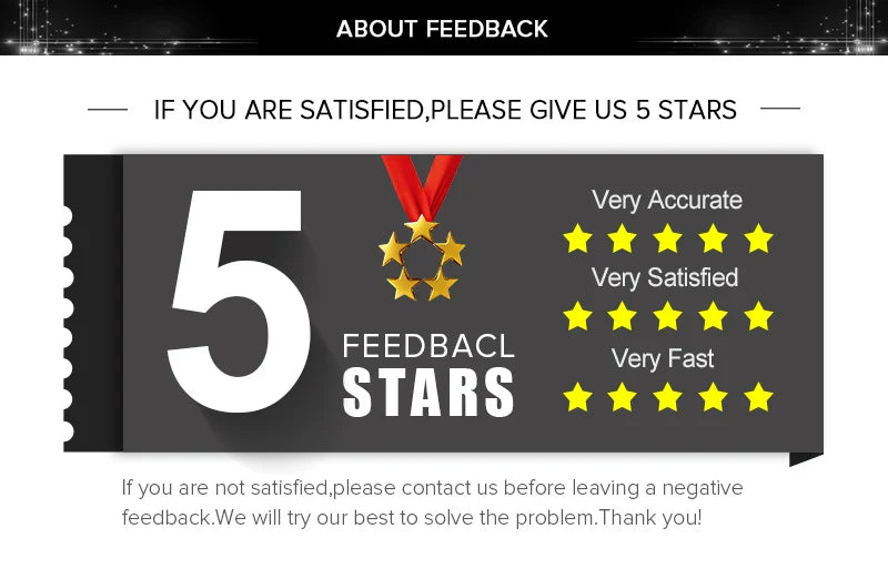 Black and white graphic design with gold stars and red ribbon promoting five-star feedback for silk fitted sheet set