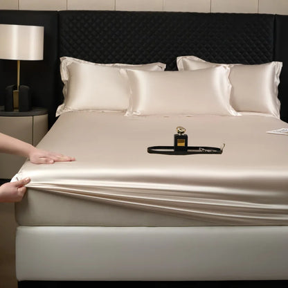 Cream-colored 3 pcs high end 100% mulberry silk fitted sheet set with soft smooth satin bed linen luxury finish