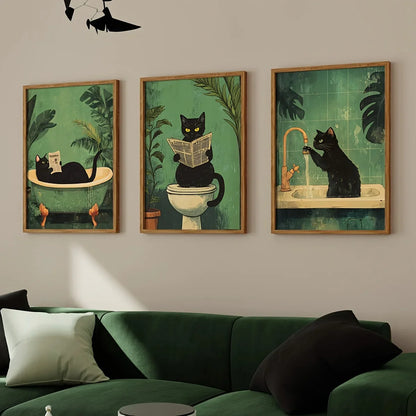 3-Piece Black Cat Bathroom Wall Art