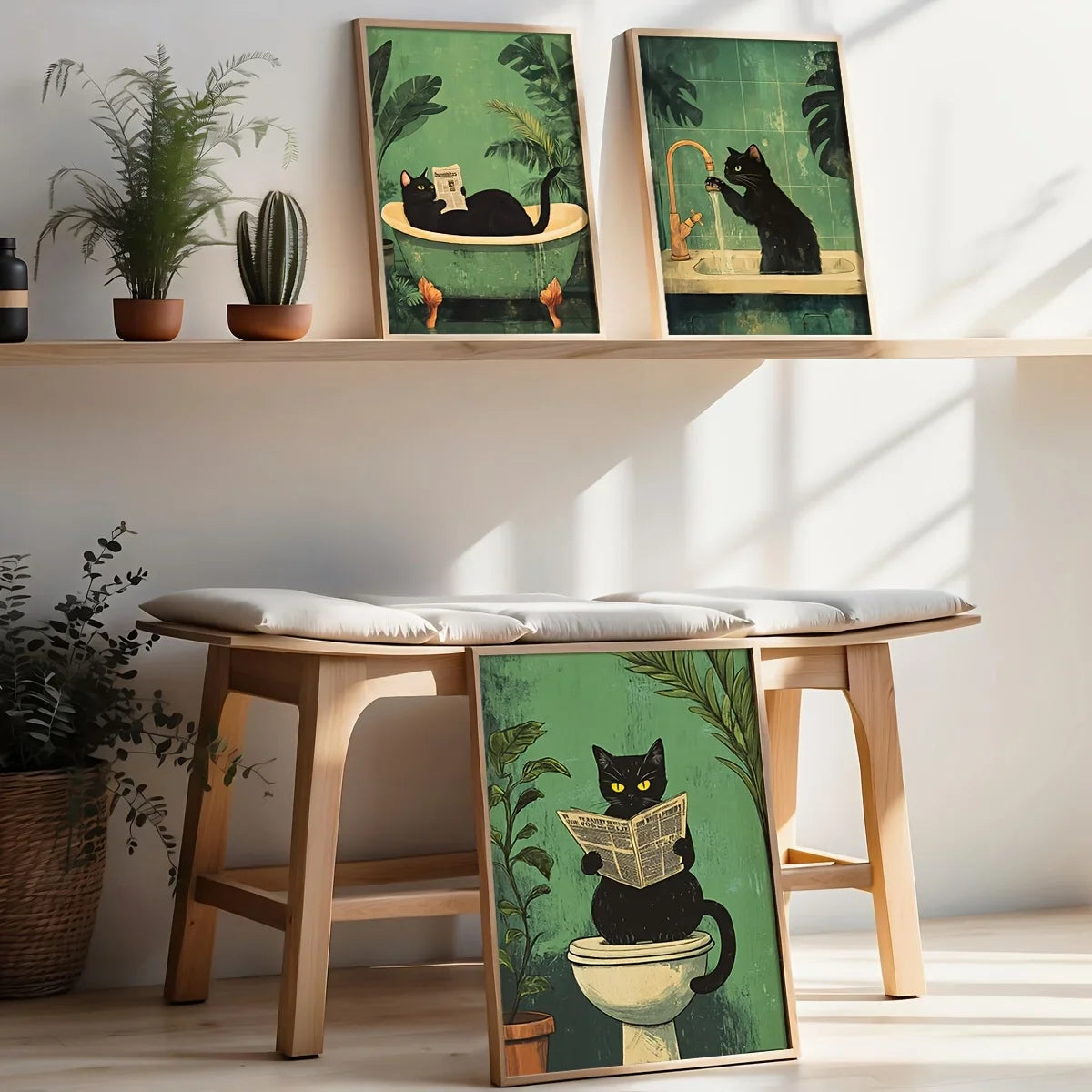 3-Piece Black Cat Bathroom Wall Art