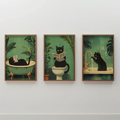 3-Piece Black Cat Bathroom Wall Art