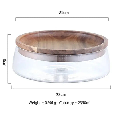 Clear glass food storage bowl with wooden rim and metallic band 23cm diameter for glass food storage containers