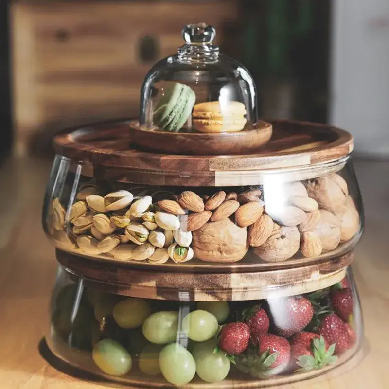 3 tier glass food storage containers with transparent glass cover and wooden stand for kitchen organization
