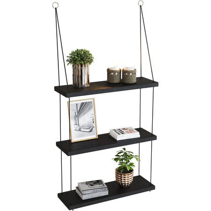 3-Tier Wooden Floating Shelf for Boho Decor - black