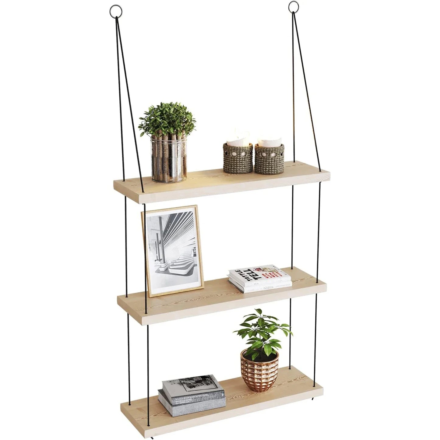 3-Tier Wooden Floating Shelf for Boho Decor - Natural