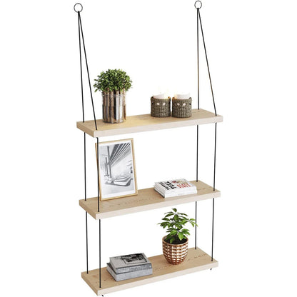 3-Tier Wooden Floating Shelf for Boho Decor - Natural