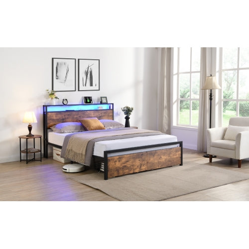Queen-Size-Bettgestell mit Stauraum-Kopfteil und 2 Schubladen, LED-Licht-Bett mit Lade-Station