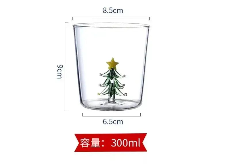 Clear glass 300ml 3d christmas tree wine tumbler with green tree design and yellow star topper for holiday dining