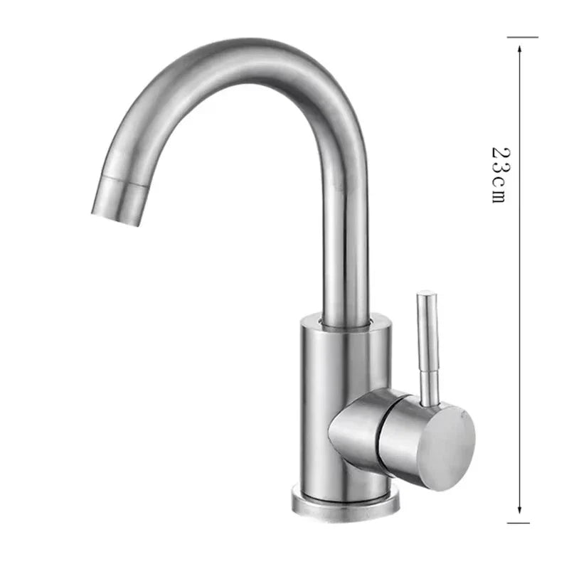 Stainless steel single handle bathroom basin faucet with sleek curved spout and cylindrical base for single hole installation