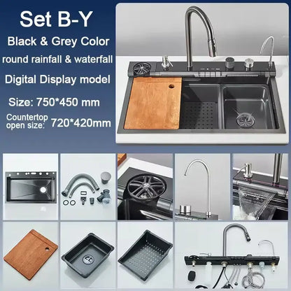 304 Stainless Steel Kitchen Sink with Digital Display Waterfall Faucet, Multifunctional 75*45cm Large Single Slot Whale Sink