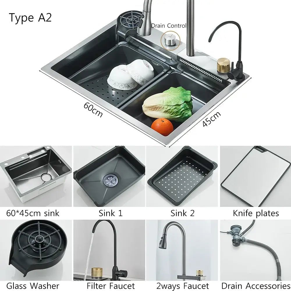 304 Stainless Steel Waterfall Kitchen Sink Large Single Slot Integrated Digital Display Faucet Set Soap Dispenser Cup Washer - Decorbites