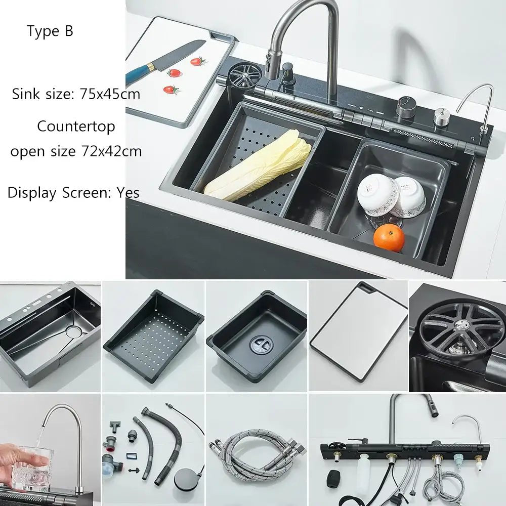304 Stainless Steel Waterfall Kitchen Sink Large Single Slot Integrated Digital Display Faucet Set Soap Dispenser Cup Washer - Decorbites