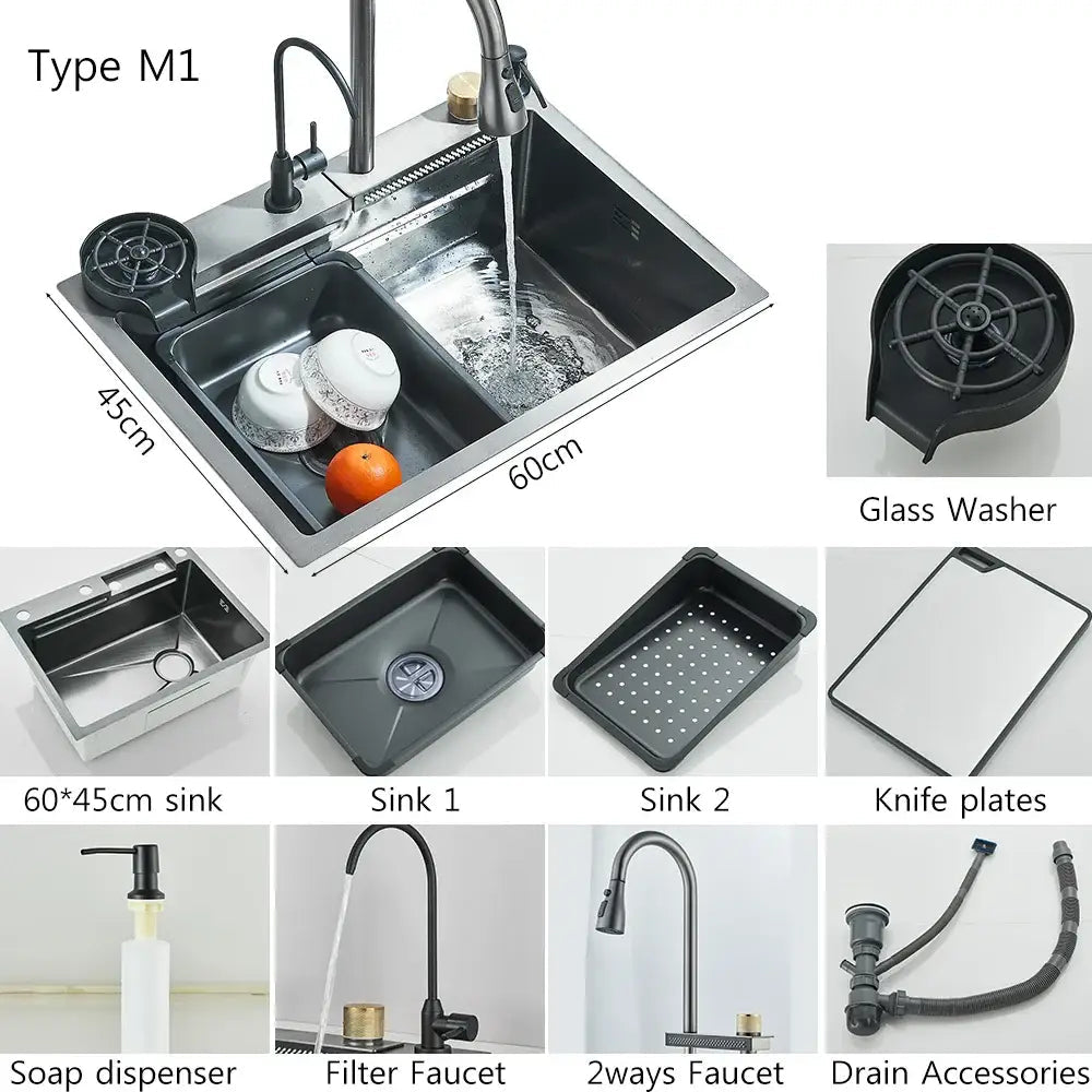 304 Stainless Steel Waterfall Kitchen Sink Large Single Slot Integrated Digital Display Faucet Set Soap Dispenser Cup Washer - Decorbites