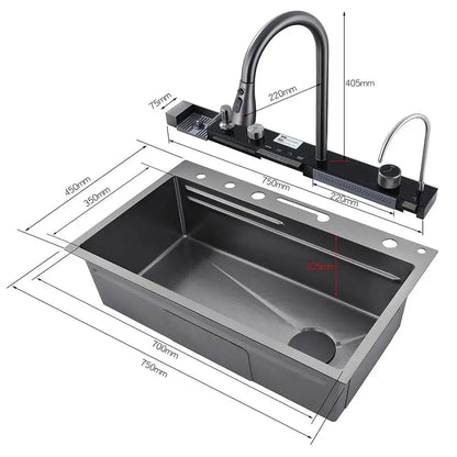 304 Stainless Steel Waterfall Kitchen Sink Large Single Slot Integrated Digital Display Faucet Set Soap Dispenser Cup Washer - Decorbites