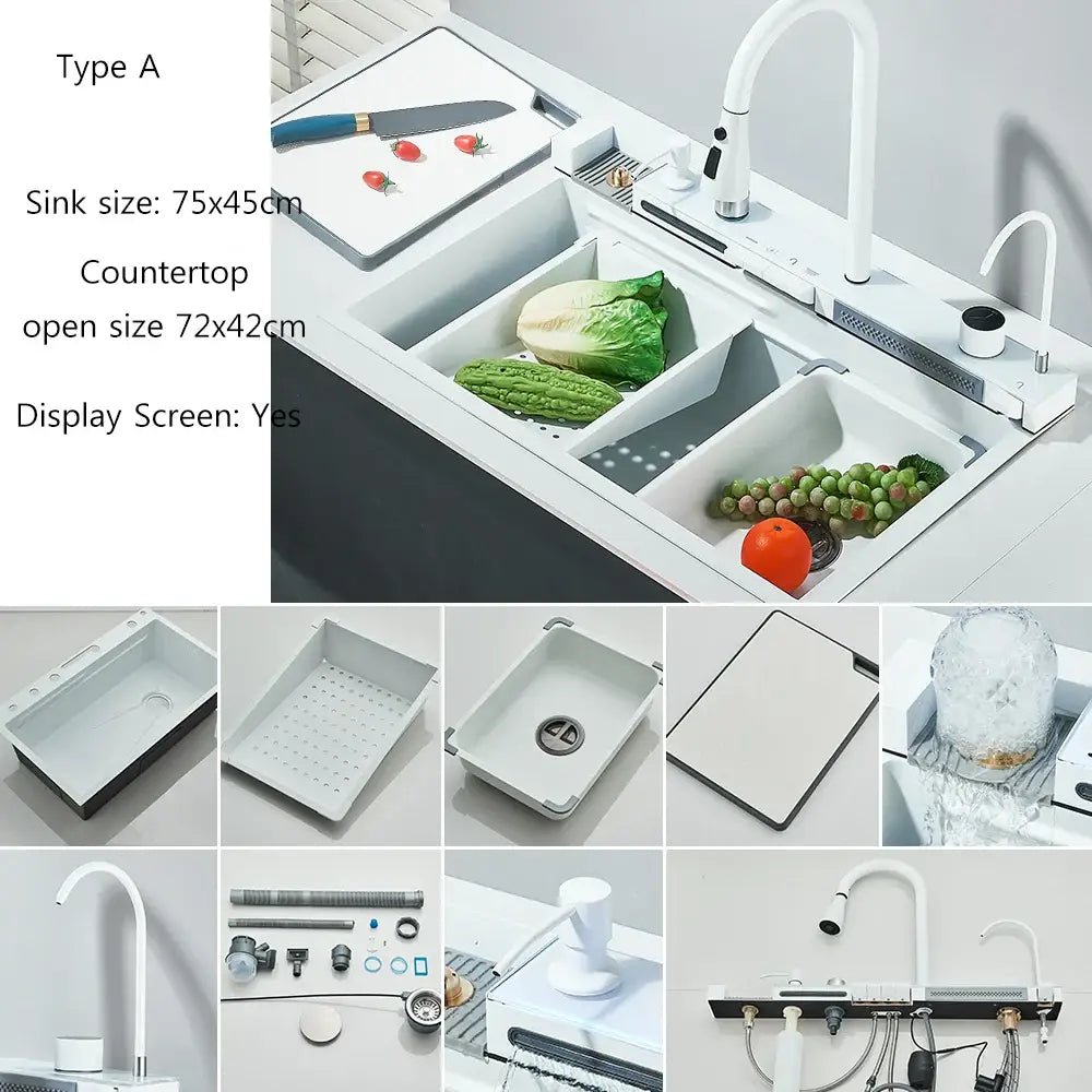 304 Stainless Steel Waterfall Kitchen Sink Large Single Slot Integrated Digital Display Faucet Set Soap Dispenser Cup Washer - Decorbites