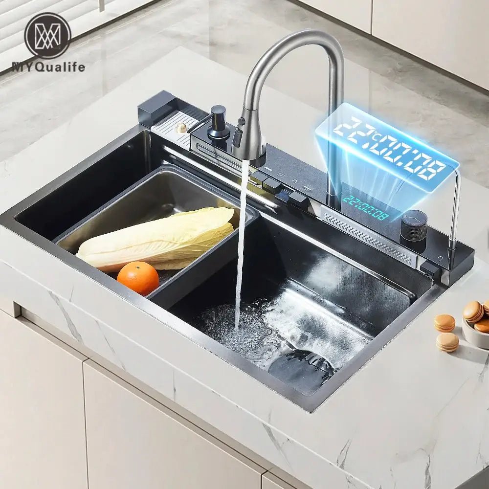 304 Stainless Steel Waterfall Kitchen Sink Large Single Slot Integrated Digital Display Faucet Set Soap Dispenser Cup Washer - Decorbites