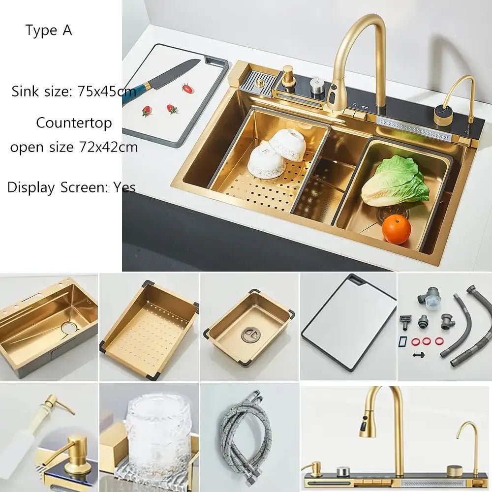 304 Stainless Steel Waterfall Kitchen Sink Large Single Slot Integrated Digital Display Faucet Set Soap Dispenser Cup Washer - Decorbites