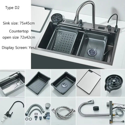 304 Stainless Steel Waterfall Kitchen Sink Large Single Slot Integrated Digital Display Faucet Set Soap Dispenser Cup Washer - Decorbites
