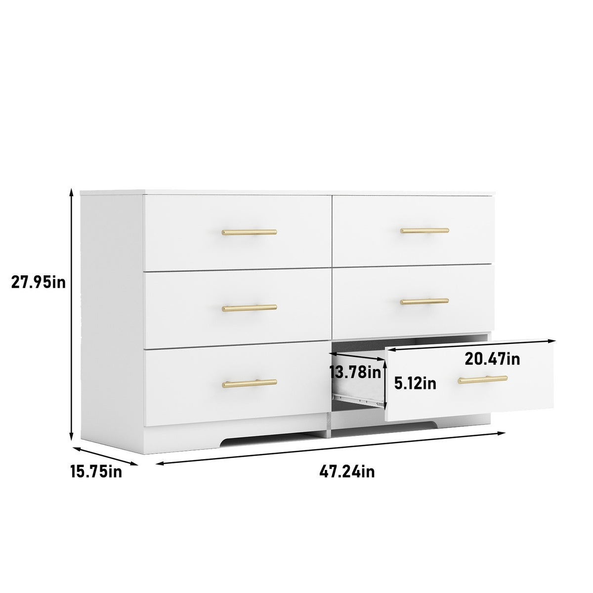 Cómoda de 6 cajones grande de color blanco con manijas doradas