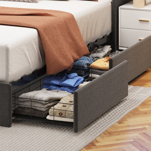 Estructura de Cama de Tamaño Completo con LED, 4 Cajones de Almacenamiento Portátiles Bajo la Cama, Diseño de Cabecero con Alas