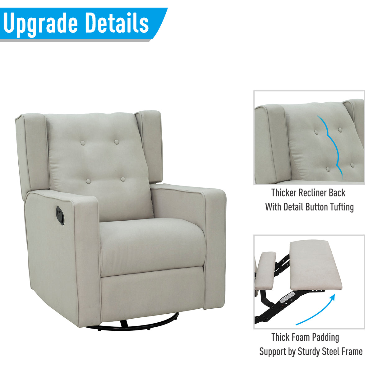 Wingback Recliner Chair Manual Rocking Sofa 360° Swivel Glider with Button Tufted